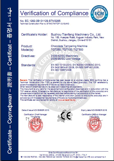 CE Certification of chocolate tempering machine