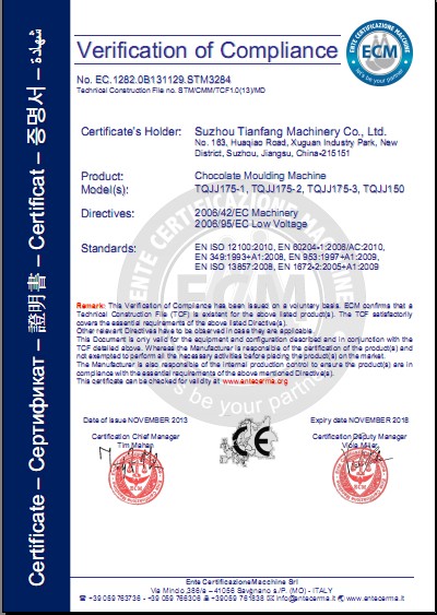 CE Certification of chocolate mouldling line