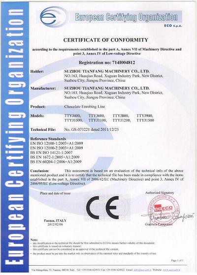 CE Certification of chocolate enrobing line